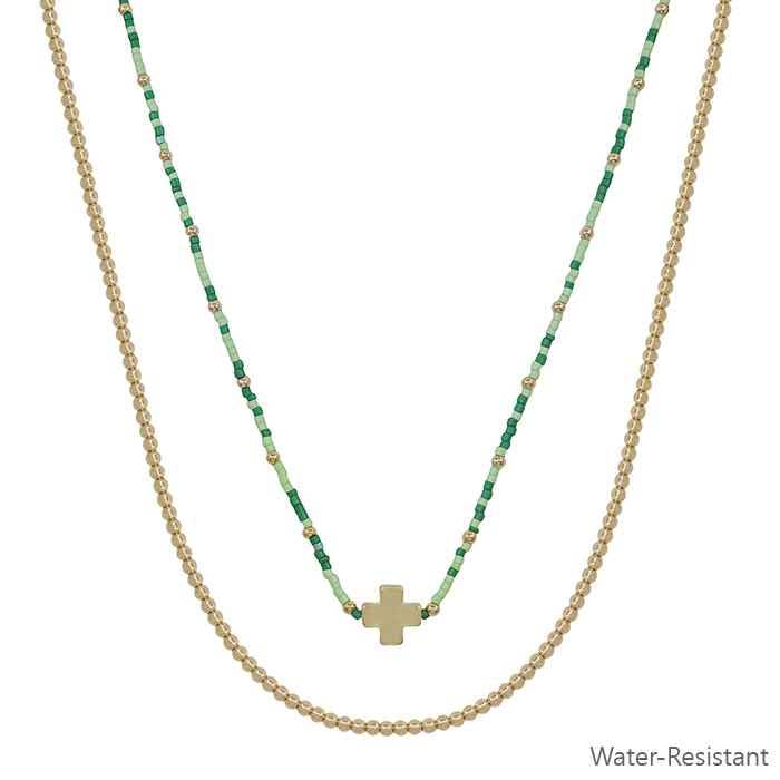 Green Seed Bead with Gold Cross 16"-18" Necklace