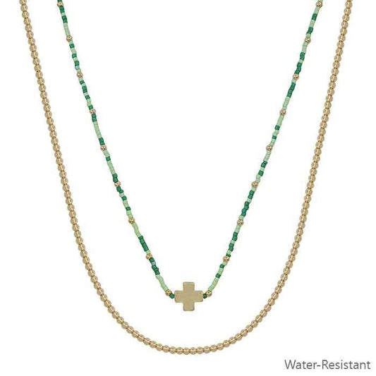 Green Seed Bead with Gold Cross 16"-18" Necklace