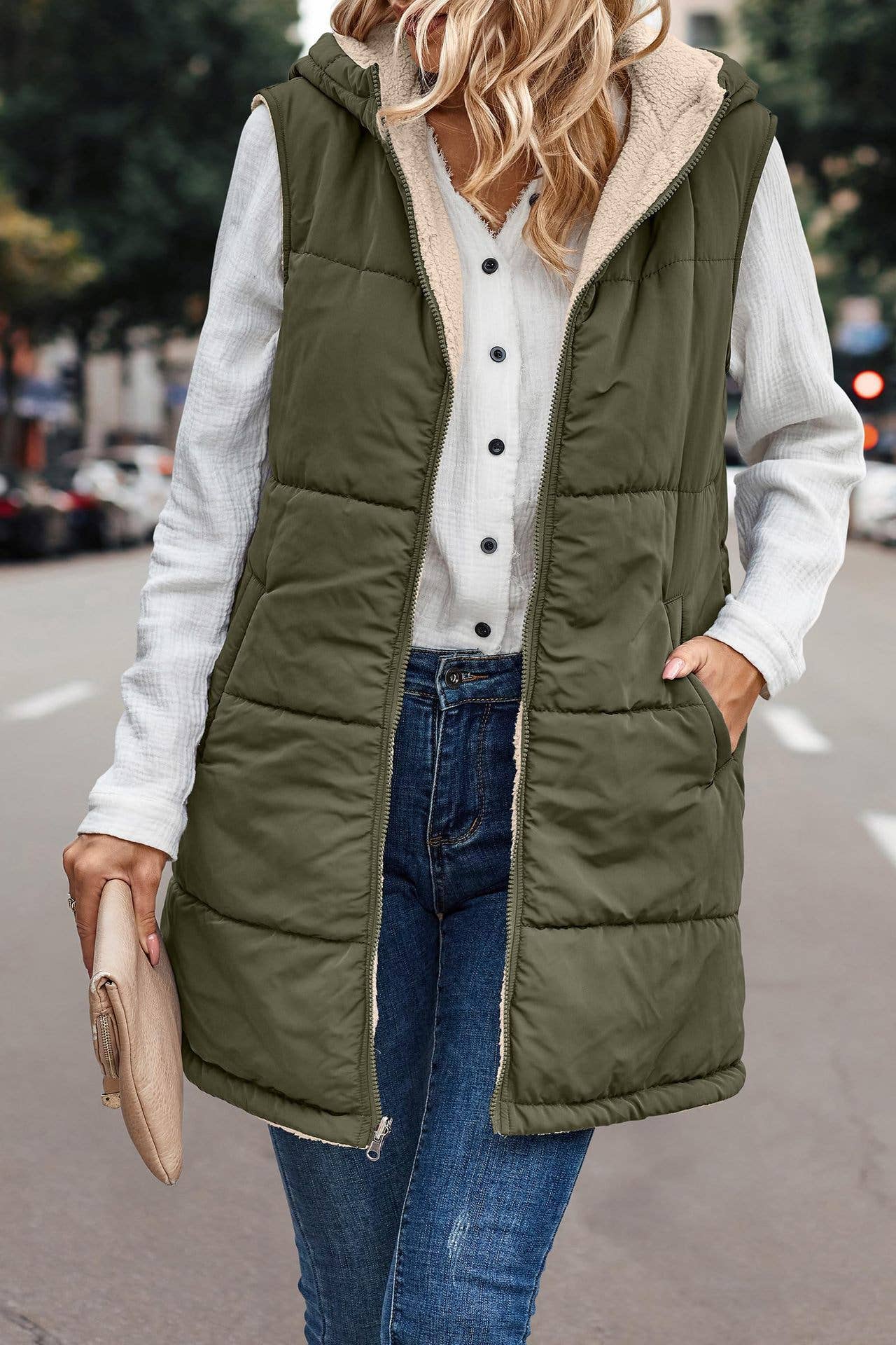 Olive Fleece Plain Color Zipper Gilet With Pockets