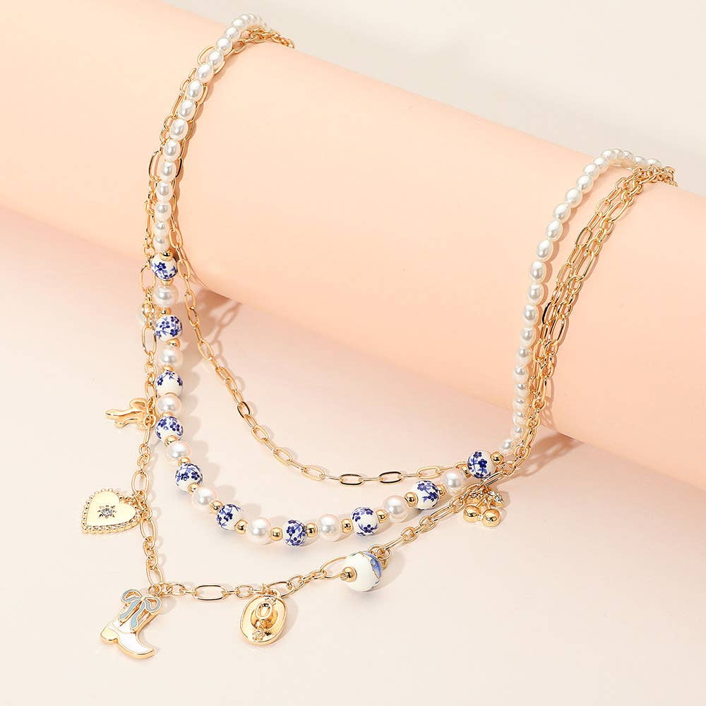 Pearl Floral Ceramic Ball Beaded Layered Necklace