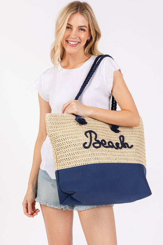 Navy Sewn Rope Beach Letter Color Straw Tote Bag