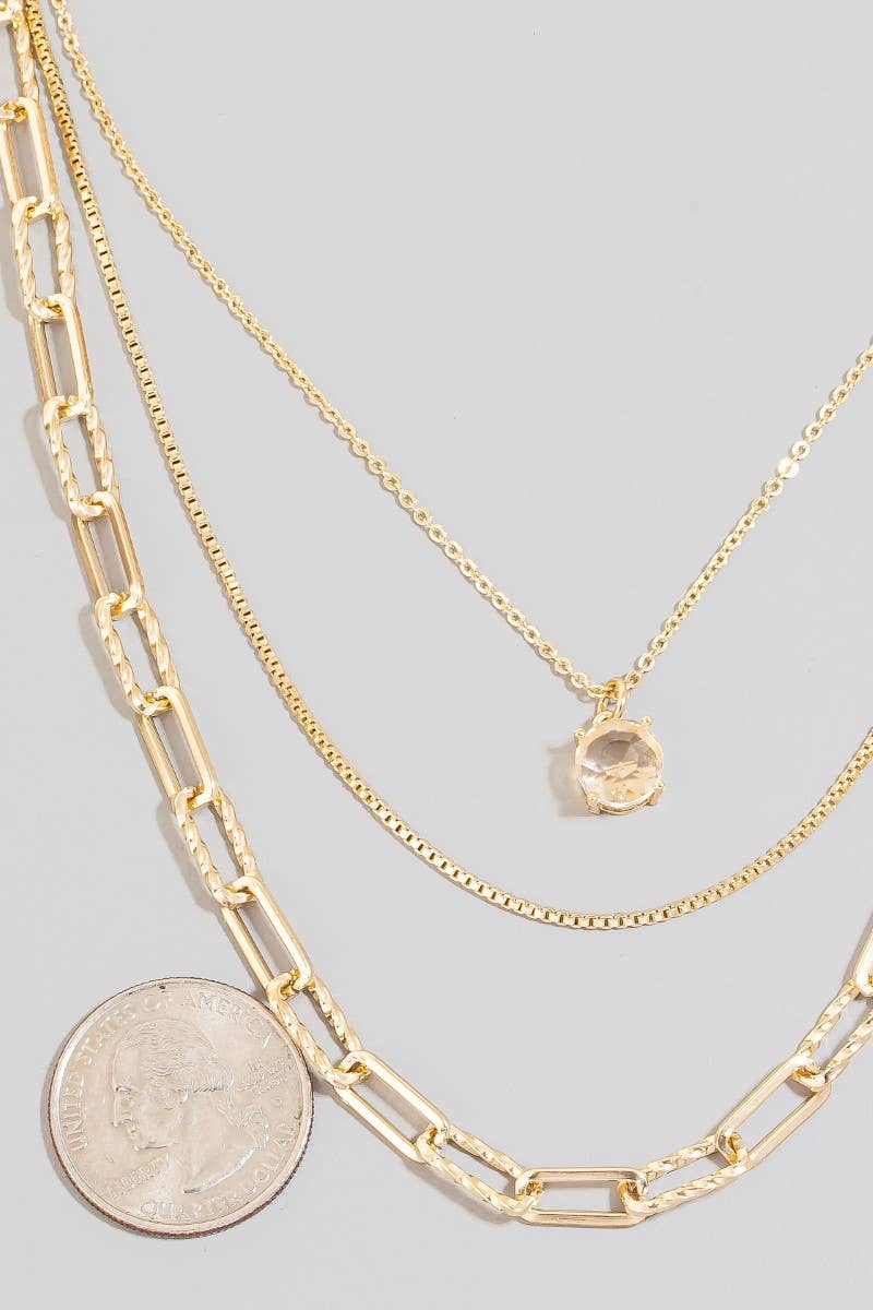 Silver Faceted Gem Pendant Layered Chains Necklace Set