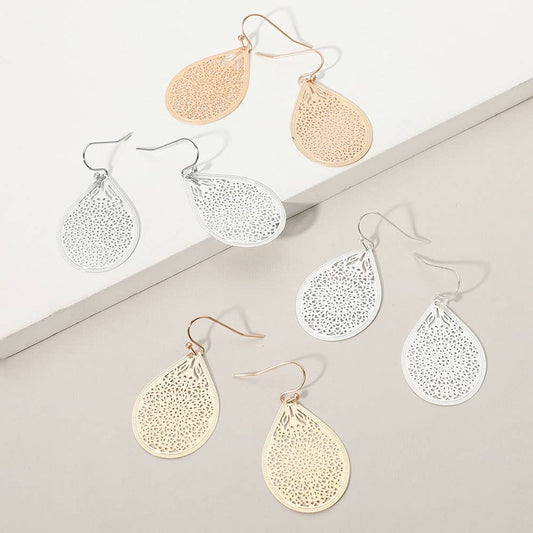 Matte Metal Filigree Teardrop Earrings: Yellow Gold