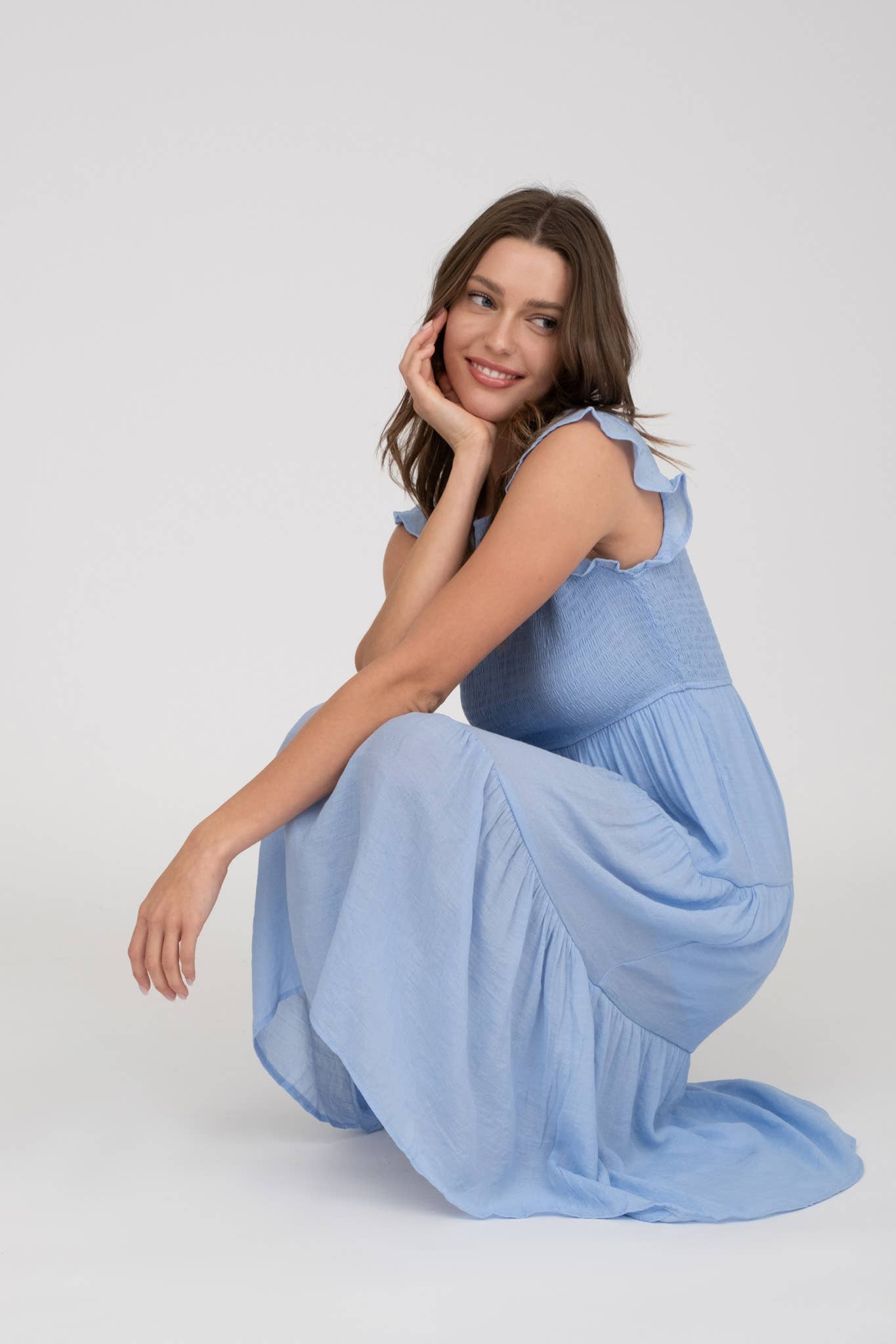 SALE Light Chambray Smocked Tiered Midi Dress