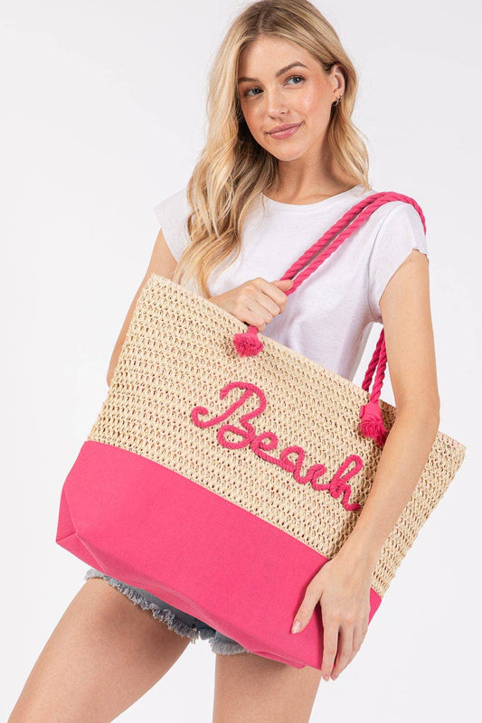 Hot Pink Sewn Rope Beach Letter Color Straw Tote Bag