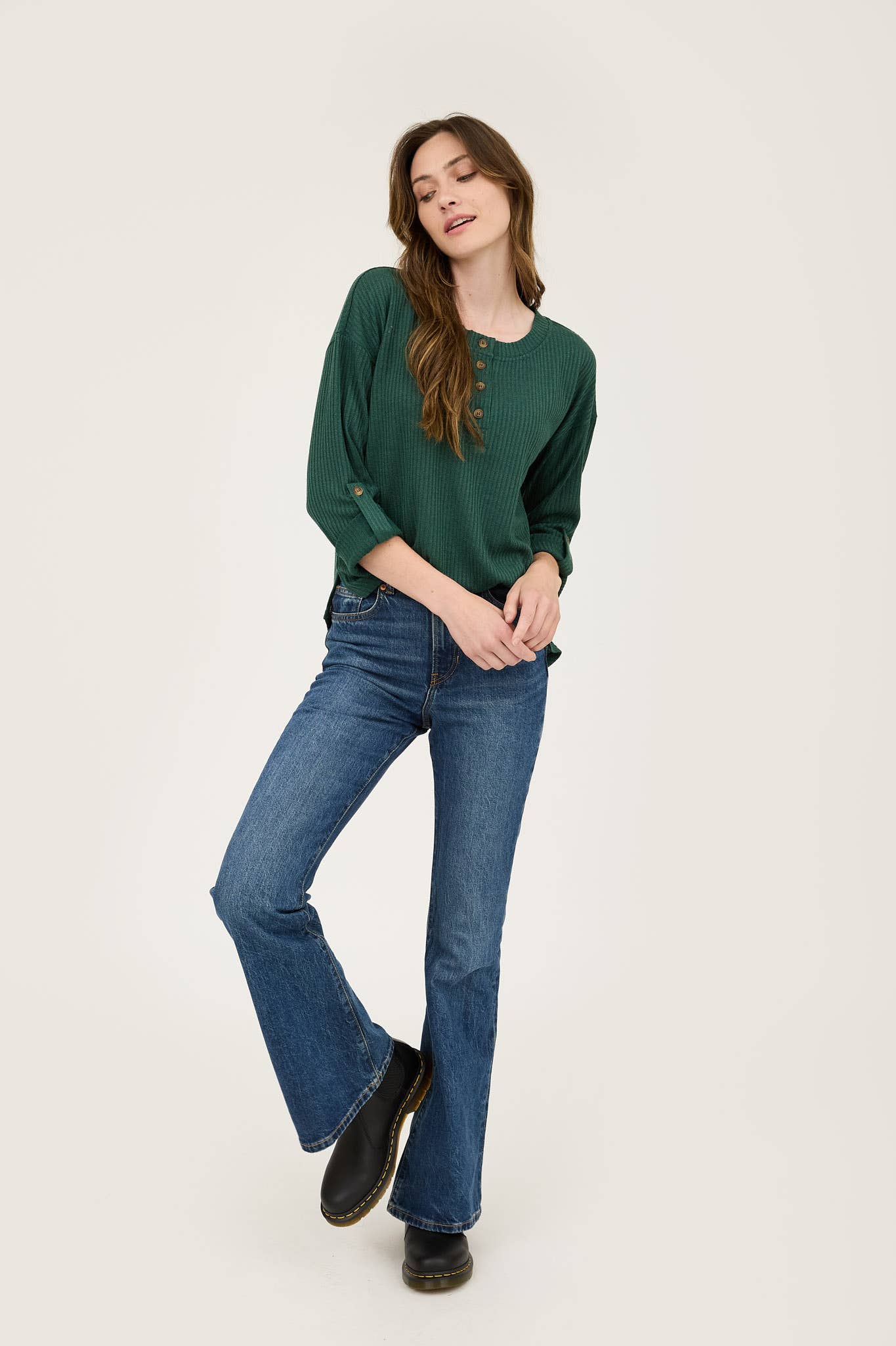 SALE Hunter Green 3/4 Tab Sleeve Henley Top
