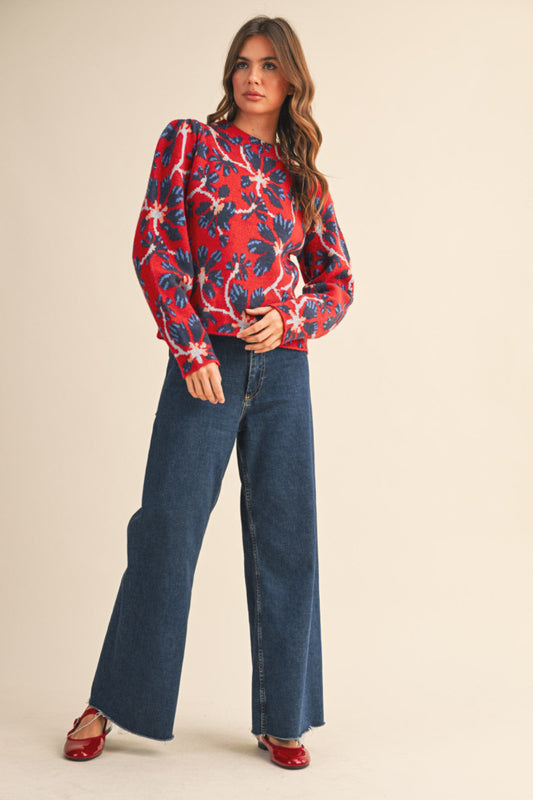 Red & Navy Floral Mock Neck Sweater