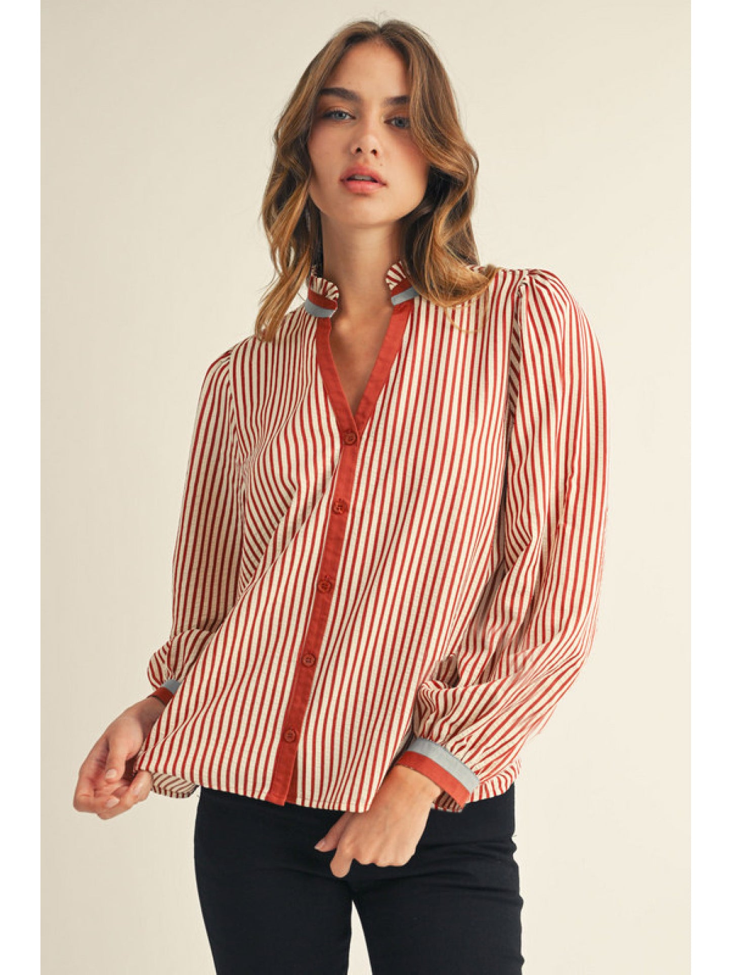 Brick Button Down Striped Top with Ruffle Neckline