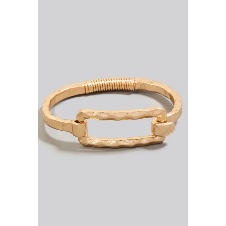 Hammered Gold Rectangle Coil Spring Hook Bangle Bracelet