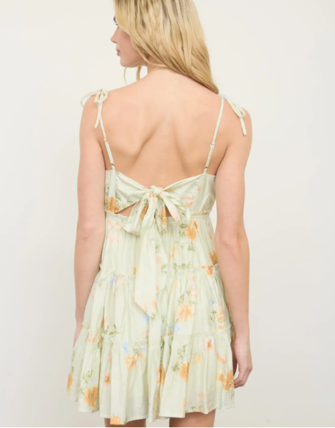 Light Olive Floral Spaghetti Strap Tiered Back Tie Mini Dress