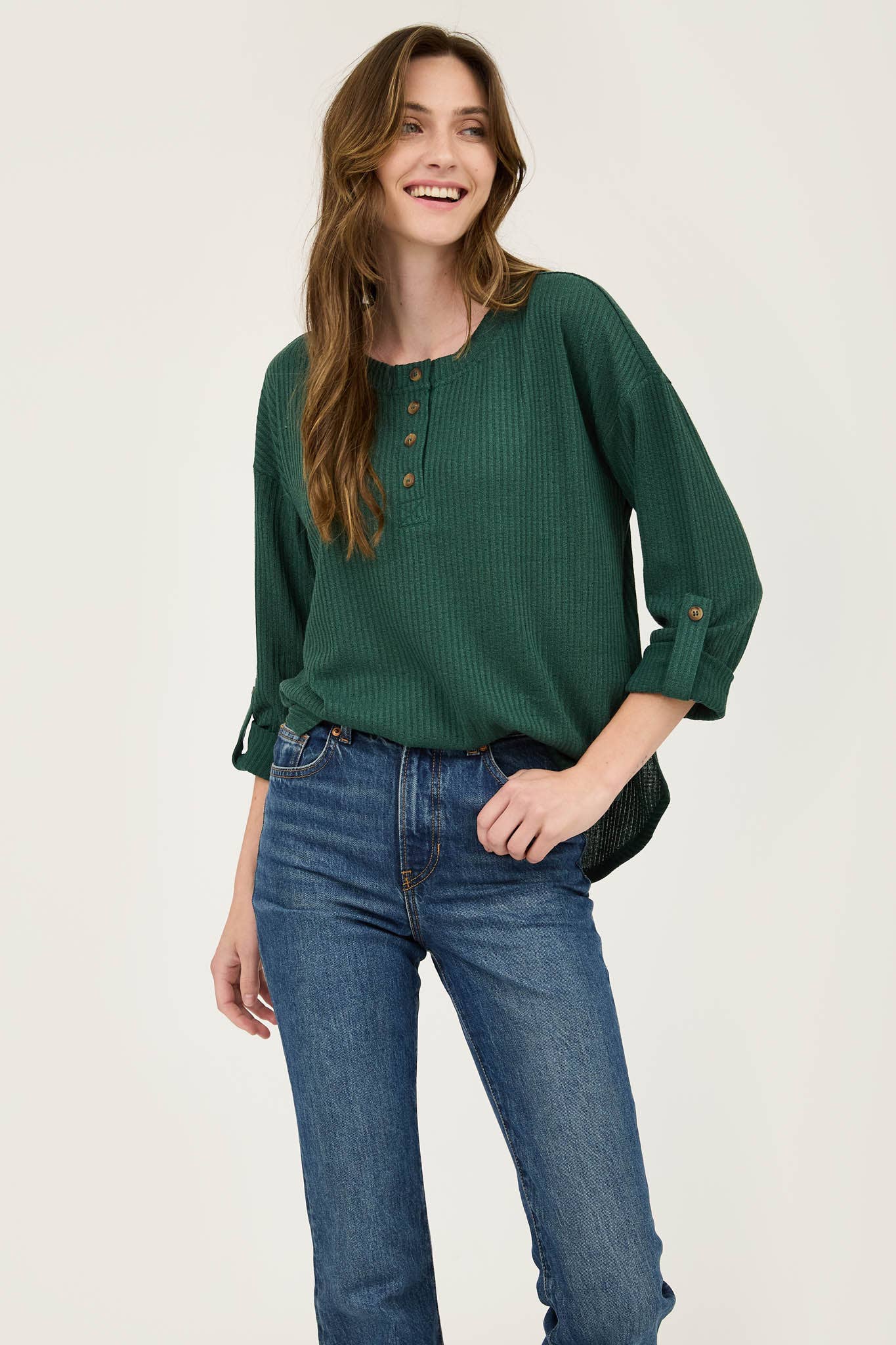 SALE Hunter Green 3/4 Tab Sleeve Henley Top