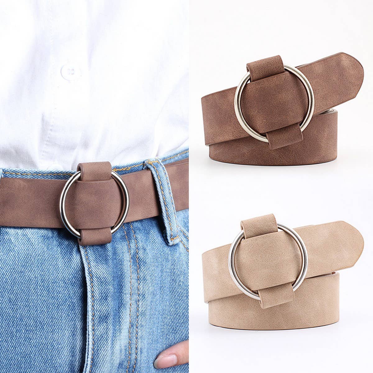 Coffee Pin-Free Round Buckle Casual Belt