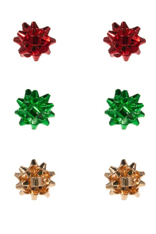 Red, Green, or Gold Stud Bow Earrings