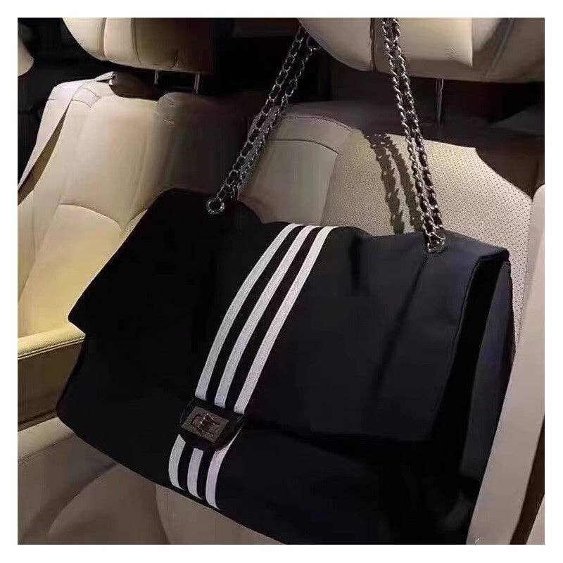 Black Striped Large Chain Tote Bag