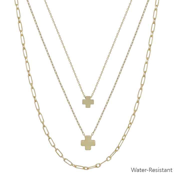 Gold Triple Layered Cross 16"-18" Necklace