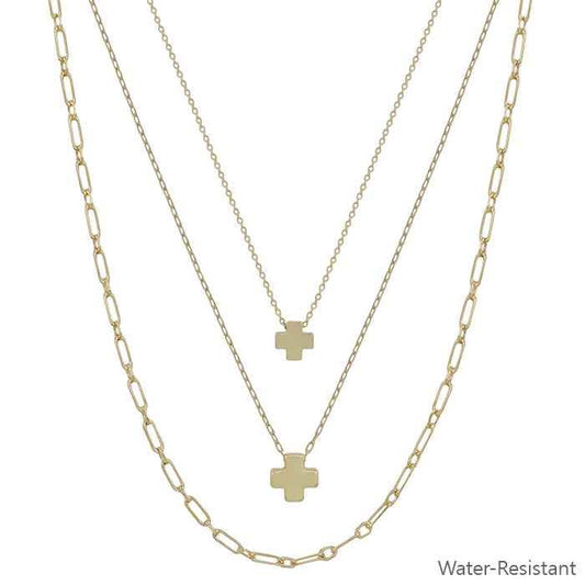 Gold Triple Layered Cross 16"-18" Necklace