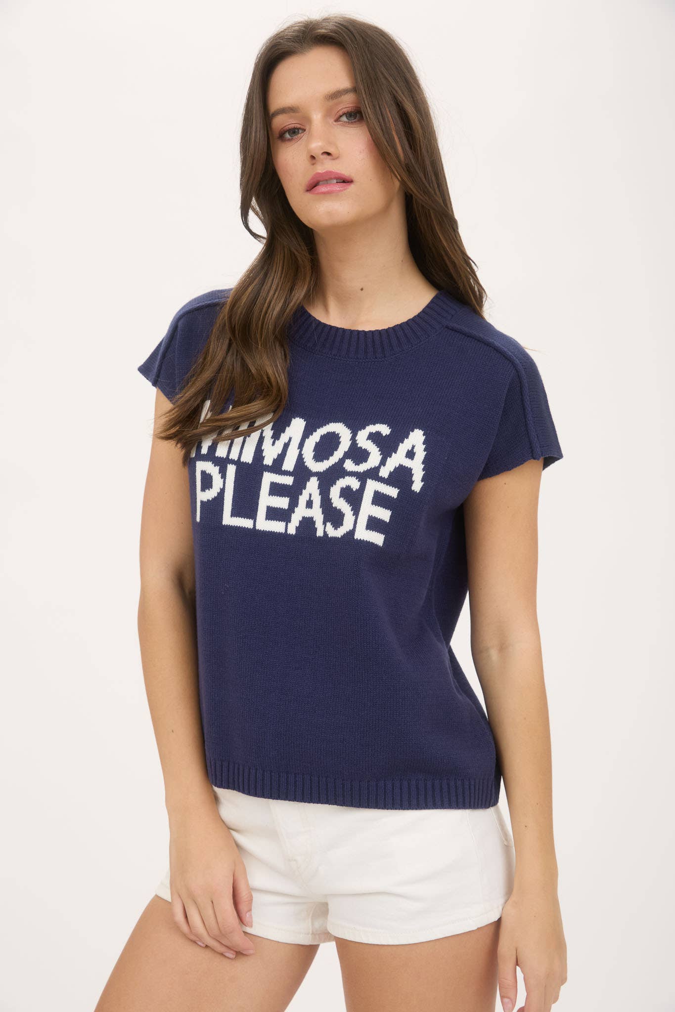 Navy Mimosa Please Short Sleeve Pullover Sweater