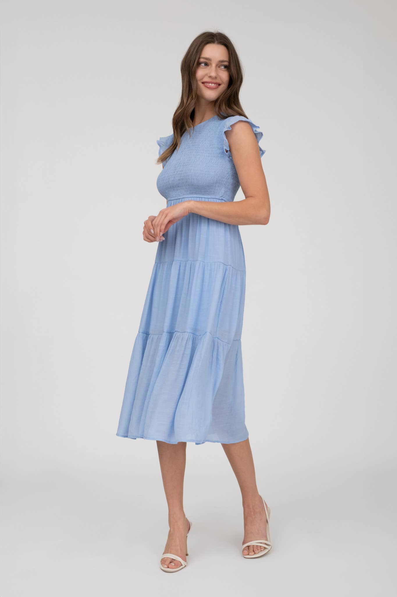 SALE Light Chambray Smocked Tiered Midi Dress