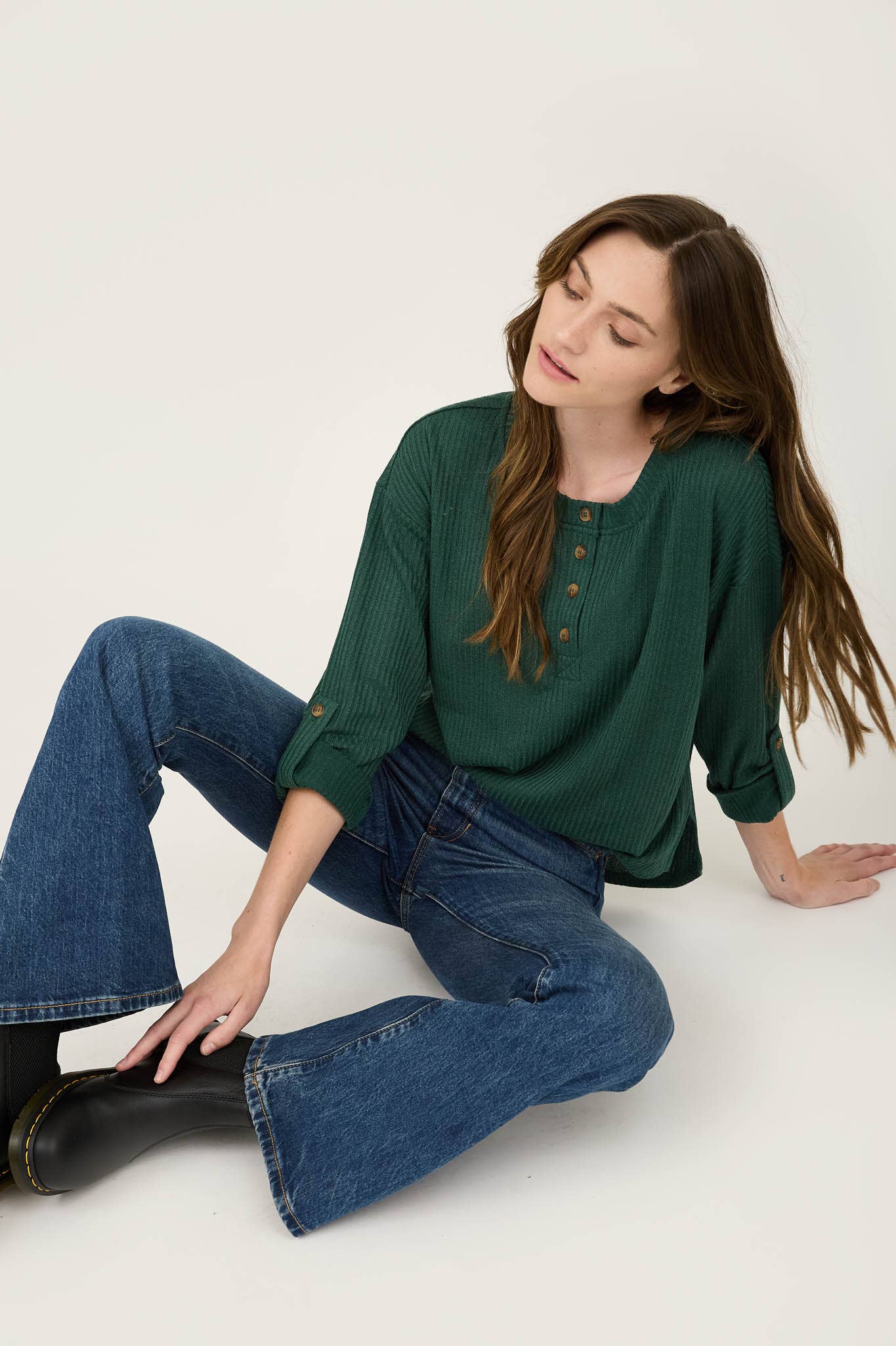 SALE Hunter Green 3/4 Tab Sleeve Henley Top