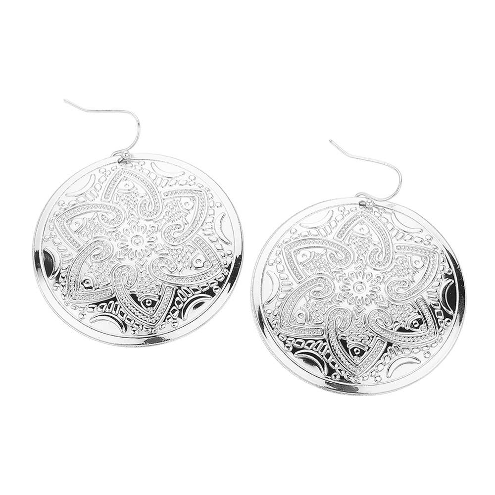 Rhodium Abstract Pattern Engraved Medallion Dangle Earrings