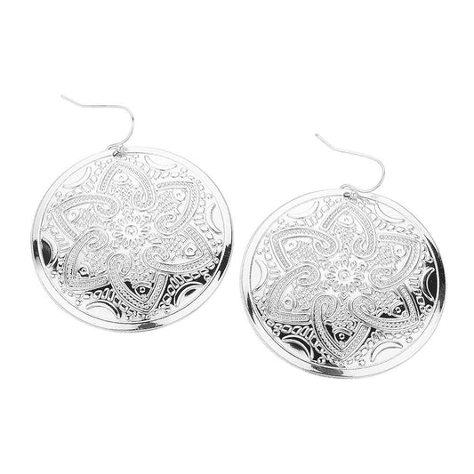 Rhodium Abstract Pattern Engraved Medallion Dangle Earrings
