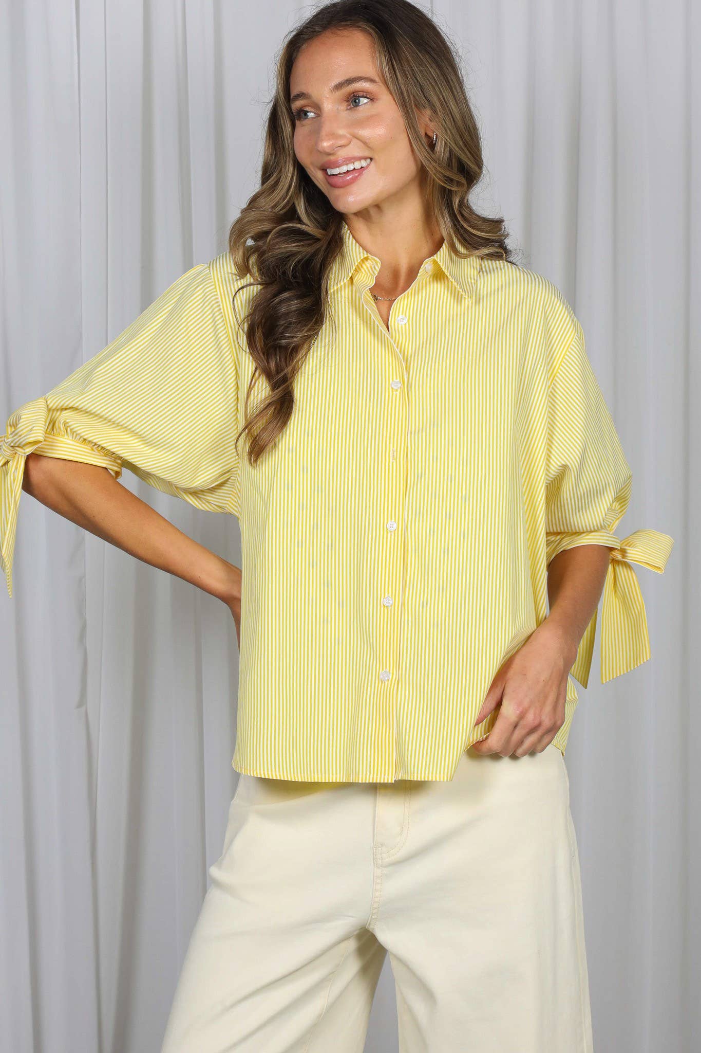 Bow Tie Accent Short Sleeve Stripe Blouse Top VT83168: Brown / L