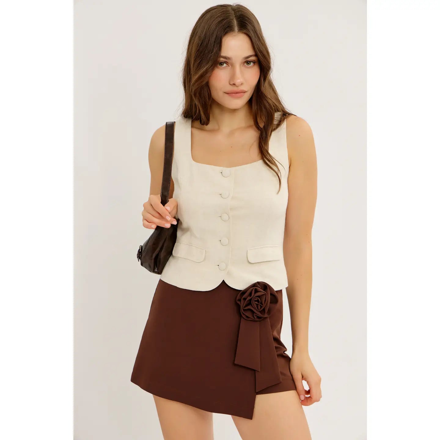 Oatmeal Linen Blend Button-Down Vest Top