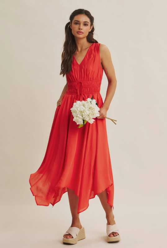 Vermillion Red Riviera Sunset Elastic Waist Hem Midi Dress