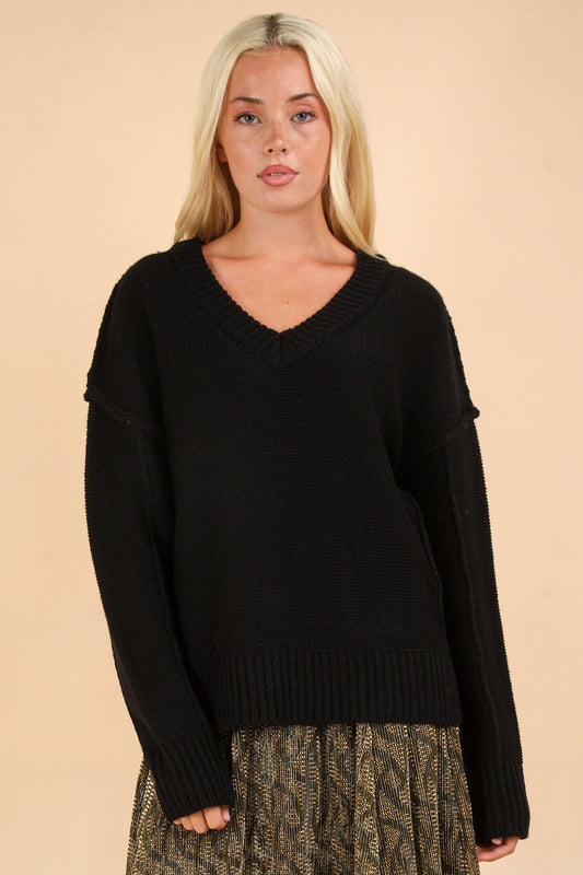 Black Oversized Chunky V-Neck Sweater