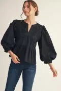 Jodifl Black 3/4 Puff Sleeve Peplum Eyelet Accent Top