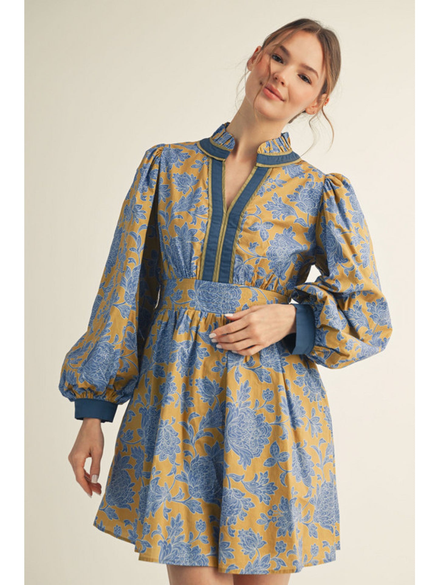 Kiwi & Blue Balloon Sleeve Floral Dress with Ruffled Neckline