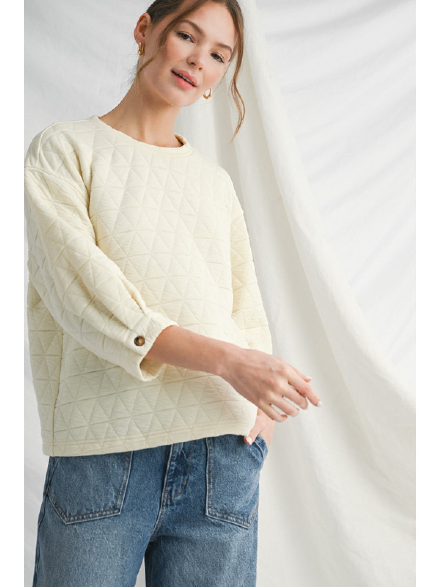 Cream 3/4 Sleeve Textured Top with Button Sleeve Accent
