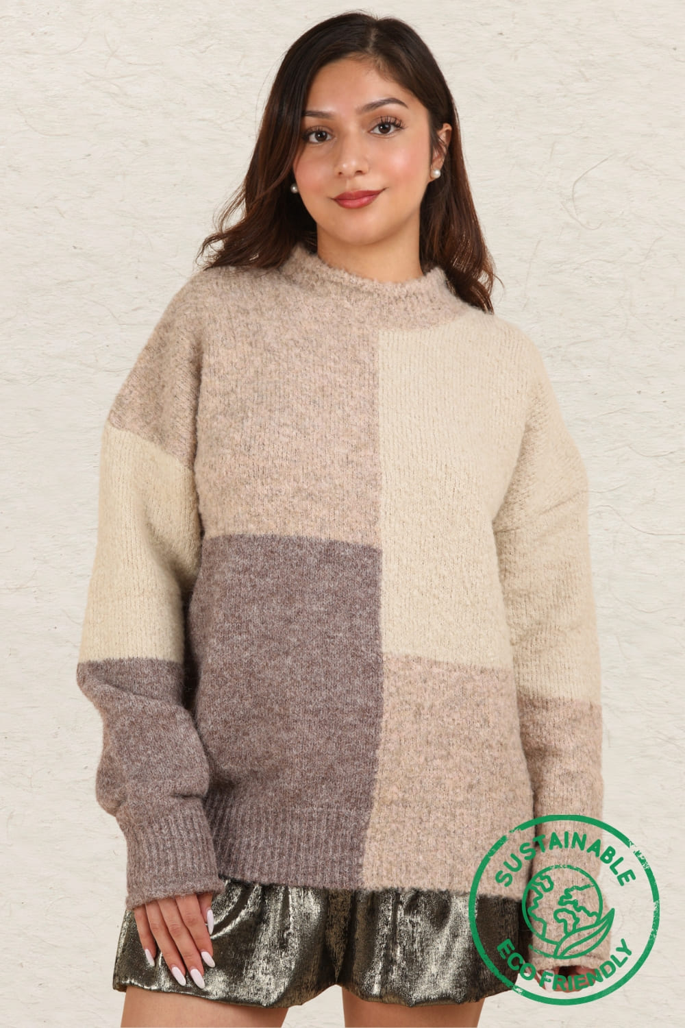 Cream Oversized Color Block Cozy Knit Sweater Top