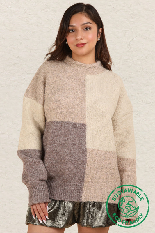Cream Oversized Color Block Cozy Knit Sweater Top