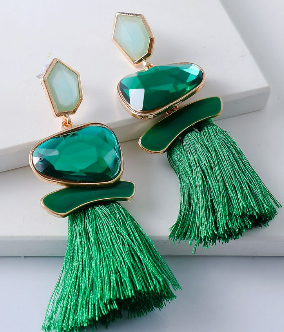 SALE Green Rhinestone Tassel Earrings