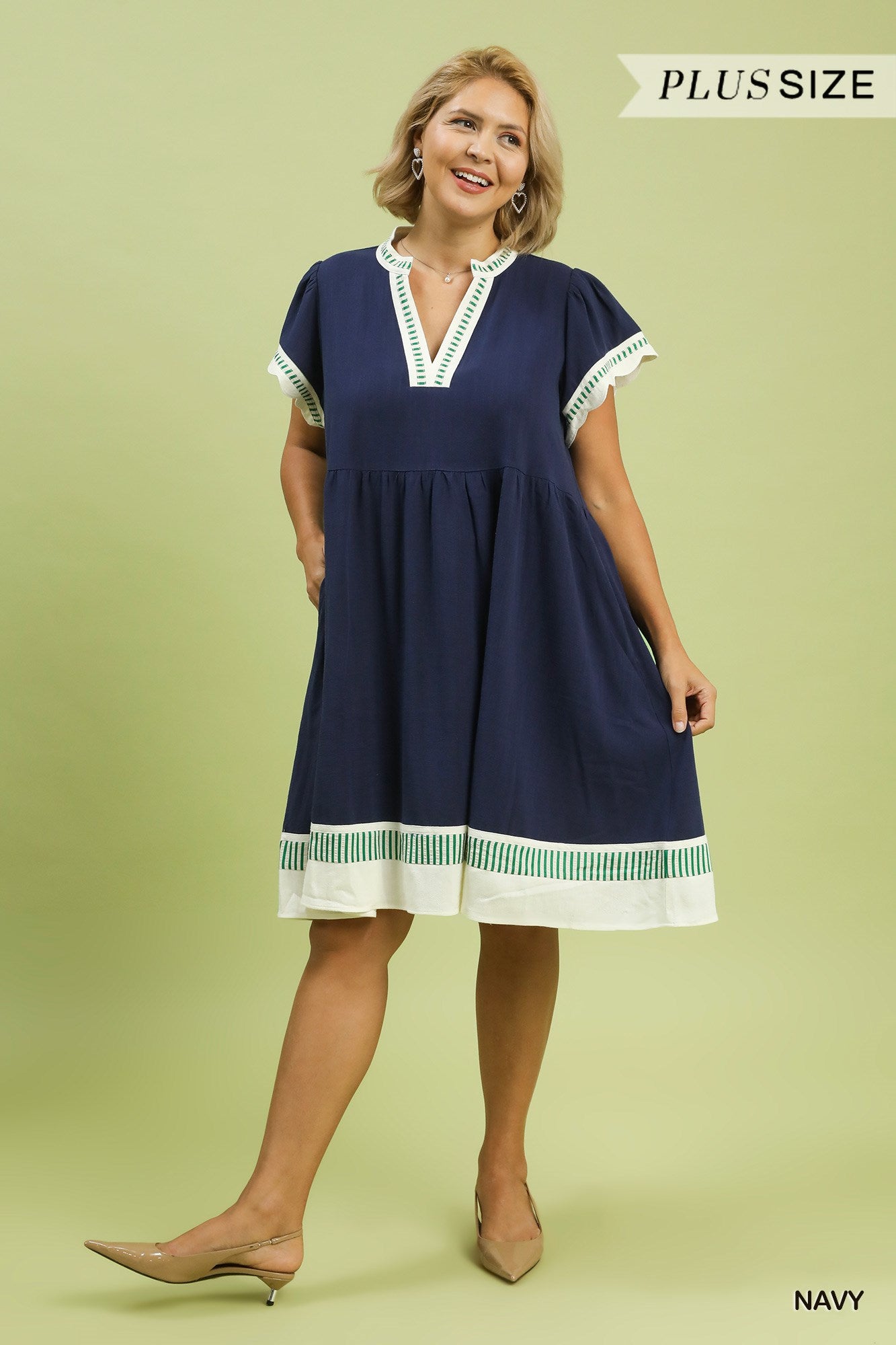 Umgee Navy Linen Color Block Flutter Sleeve Dress: Plus Size