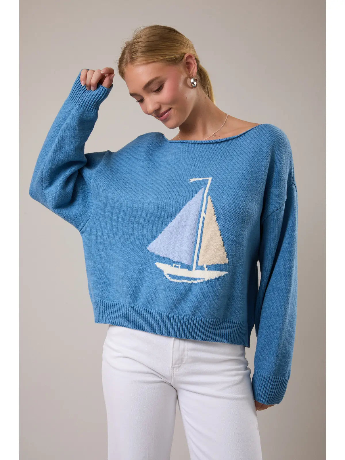 Blue Sailboat Boatneck Sweater