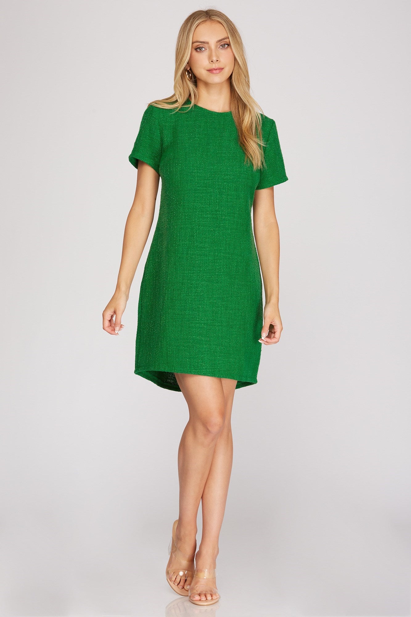 Green Short Sleeve Tweed Mini Dress