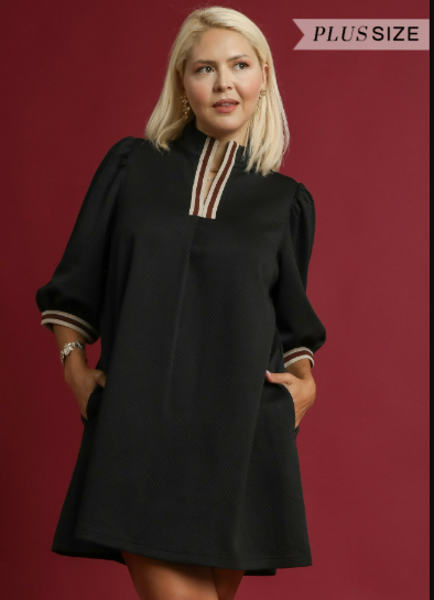 Black High Neck Jacquard Mini Dress-Plus Size