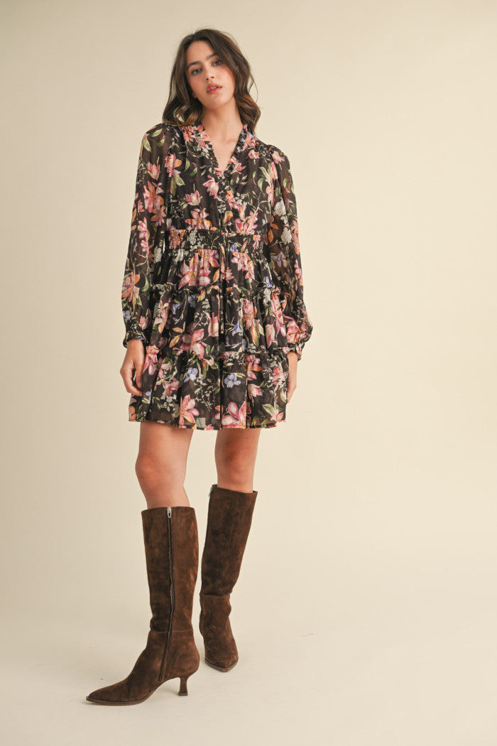 Chocolate Floral Ruffle Tiered Mini Dress