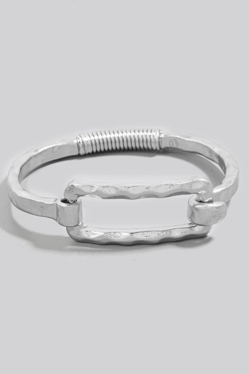 Silver Hammered Rectangle Coil Spring Hook Bangle Bracelet