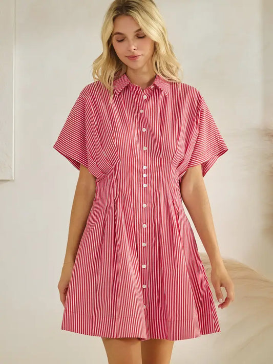 Button Down Pleated Red Shirt Stripe Dress