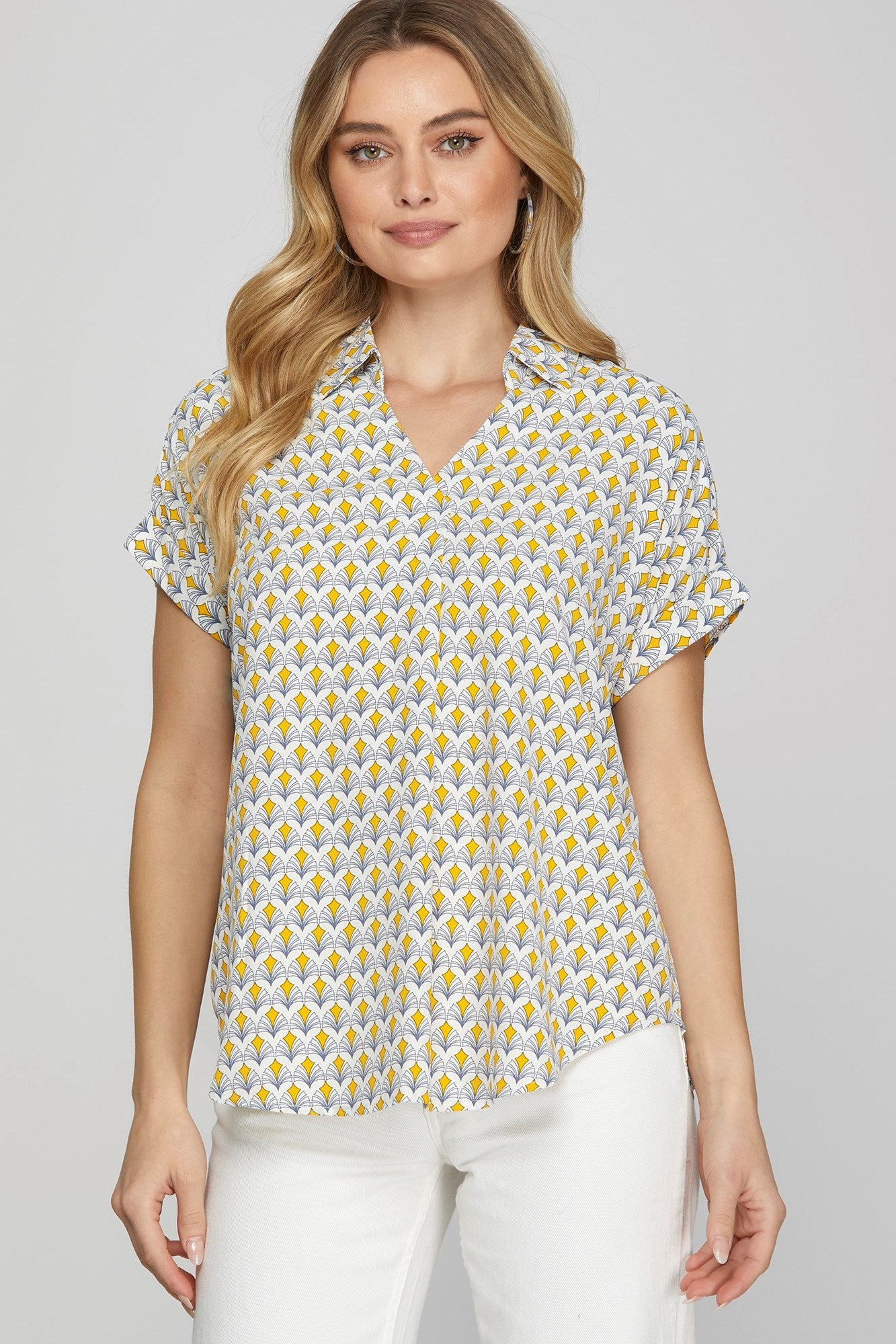 Yellow Drop Shoulder Collared Printed Top