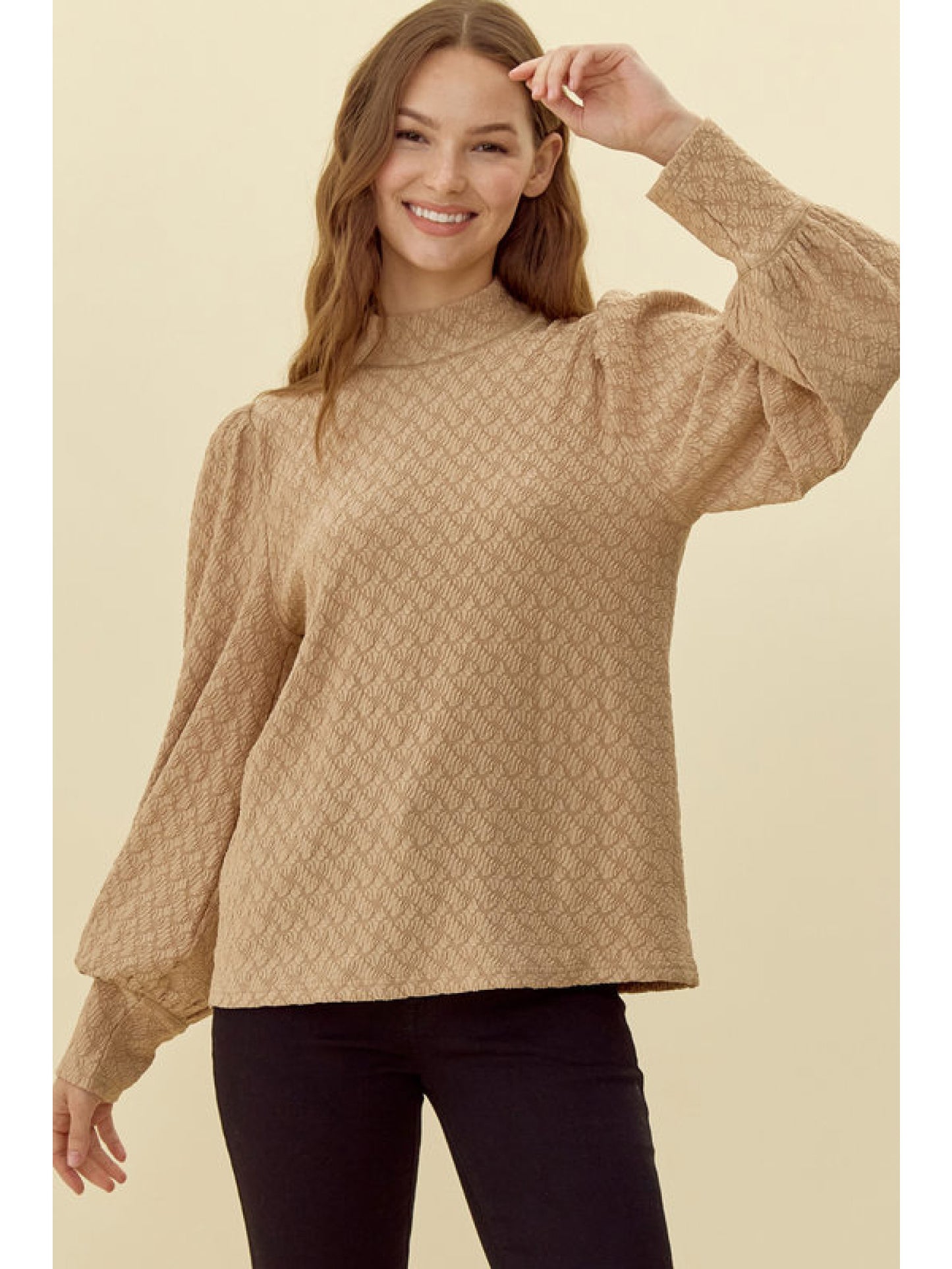 Taupe Textured Top with Bishop Sleeves