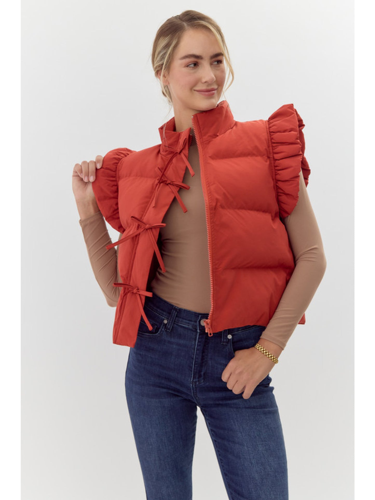 Brick Puffer Cropped Vest with Ruffled Shoulders