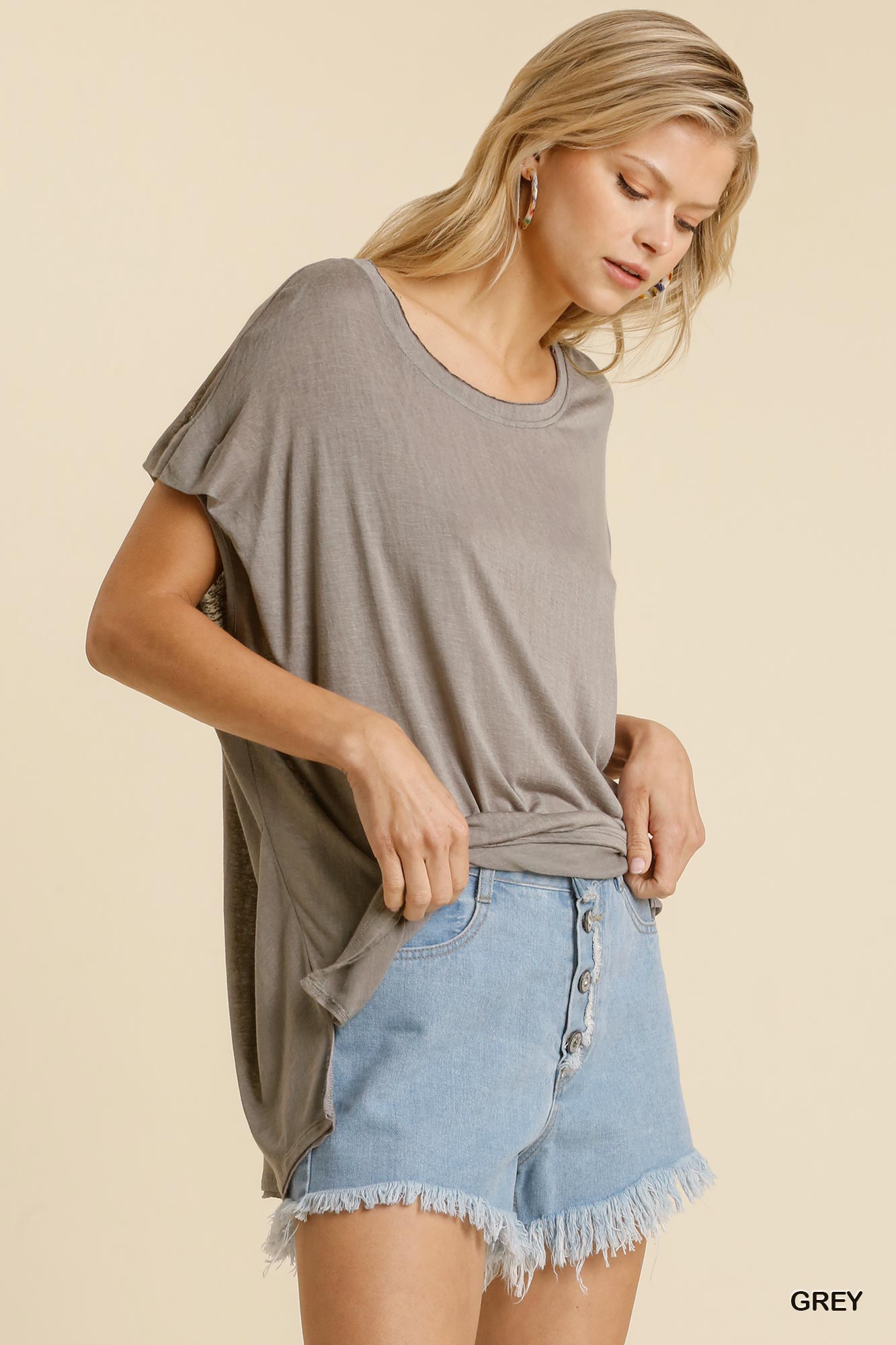 SALE Grey Short Sheer Dolman Sleeve Scoop Neck Top with Side Slit