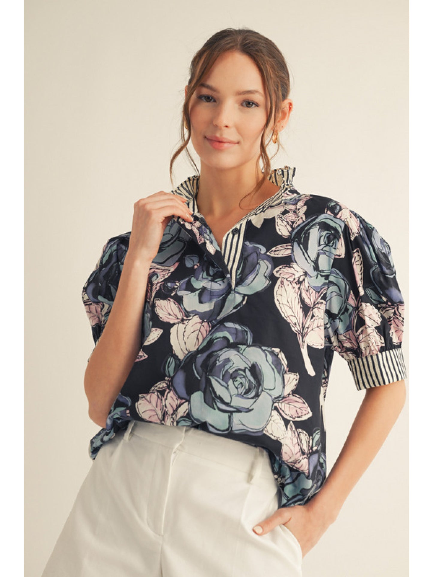 Navy Ruffled Mock Neck FLoral Top