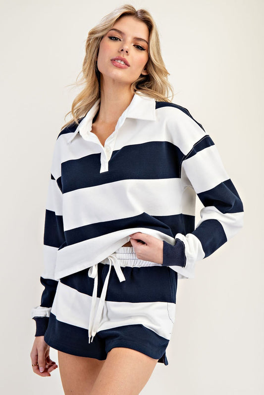 Striped Half Button Down Collared Top