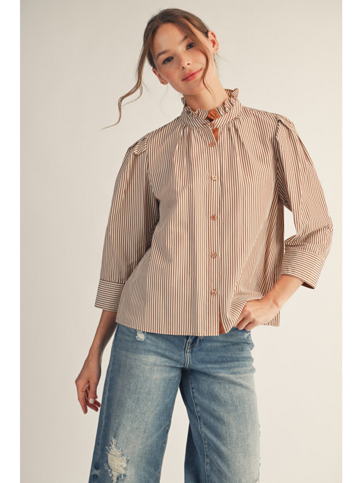 Mocha Striped Top with Stand-Up Collar