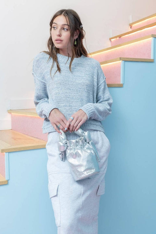 Chambray Exposed Seam Drop Shoulder Sweater